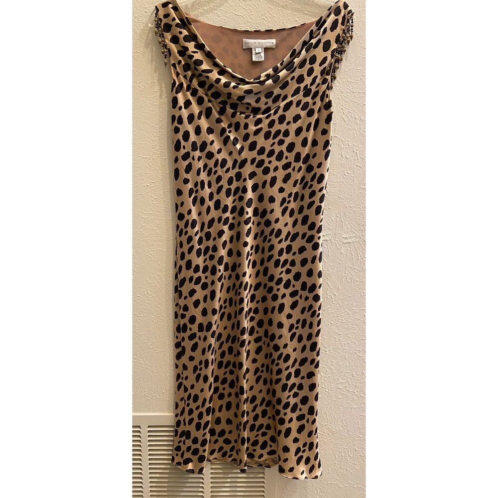 PHILIP DICAPRIO: leopard patterned dress, cowl neckline, Size 8.